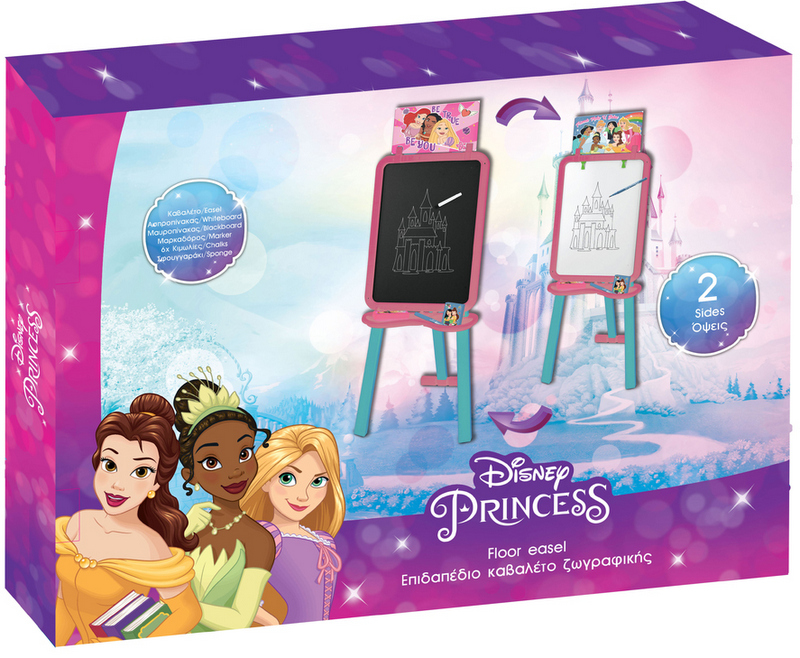 Дъска за Рисуване Дисни Принцеси Disney Princess – Двустранна на Стойка, с 6 Тебешира, Гъба и Маркери, 56×40×6 см, Височина в Сглобен Вид 125 см